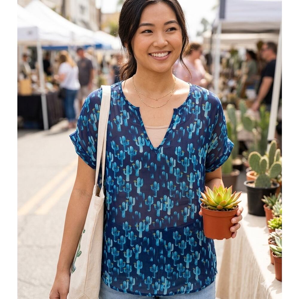 Francesca's Cactus Print Sheer Split Neck Blouse S/M Blue Boho Desert EUC
